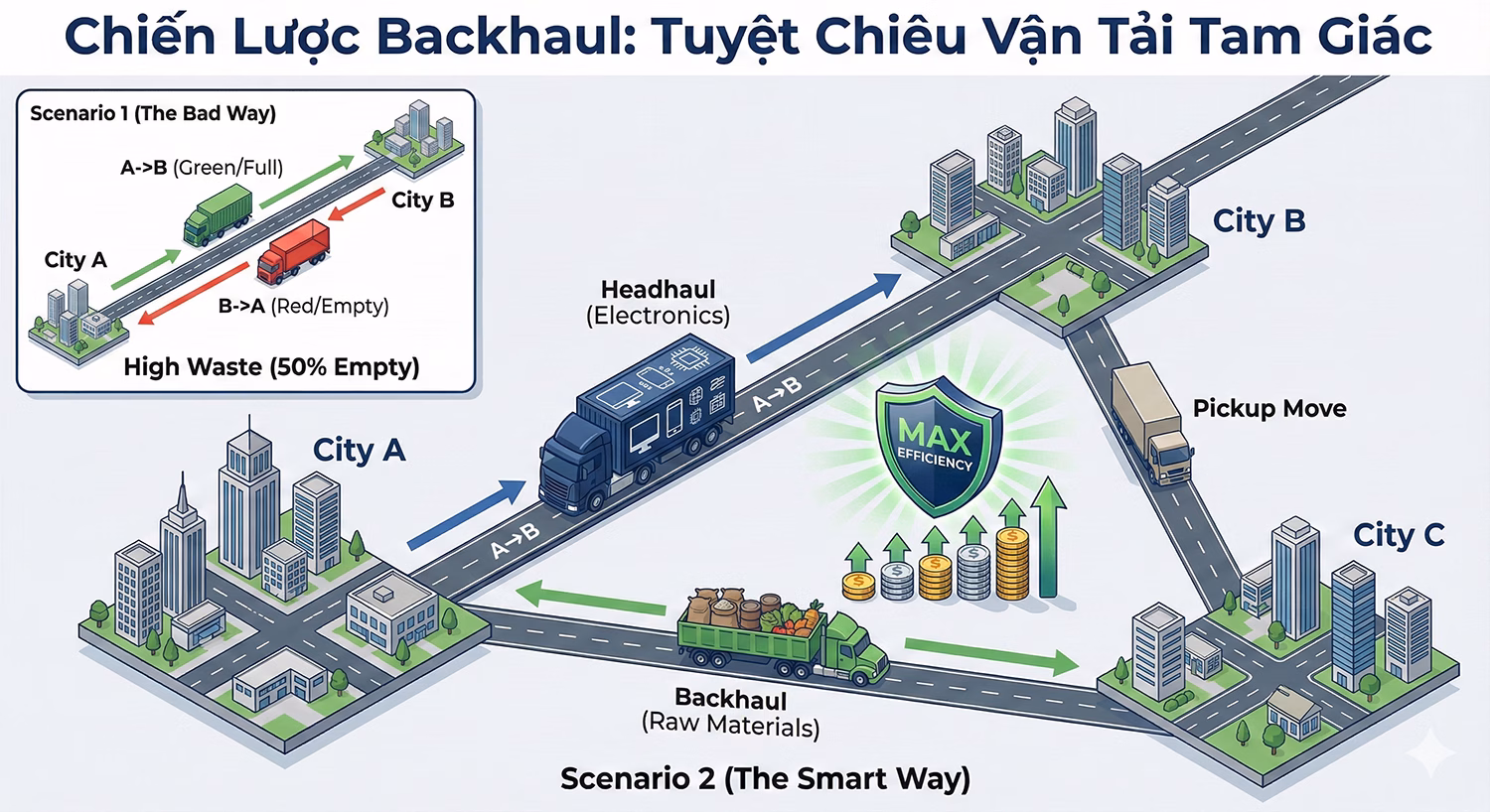 Backhaul Logistics Là Gì? Tuyệt Chiêu Biến “Xe Chạy Rỗng” Thành Lợi Nhuận (Chiến Lược & Thực Thi)