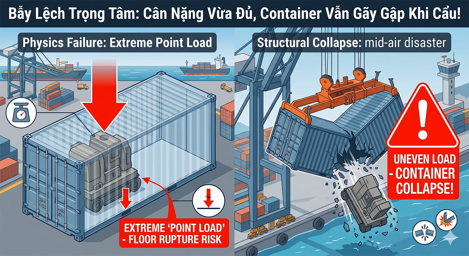 Bẫy “Lệch Trọng Tâm”: Đóng Hàng Đúng Tải Trọng, Container Vẫn Gãy Gập Khi Cẩu Phạt Tiền Tỷ!